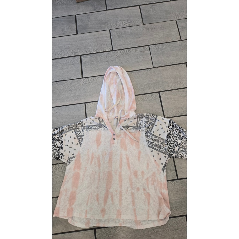 POL Clothing Pink Tie Dye Paisley Mixed Media Henley Hoodie Top BWT942 Medium
